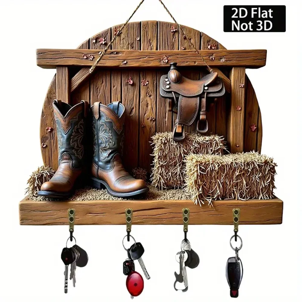 Botas de vaquero y pajar de estilo occidental 2D, marco de llaves de madera con cuatro ganchos de metal, hogar, pared, porche, habitación, decoración de temporada