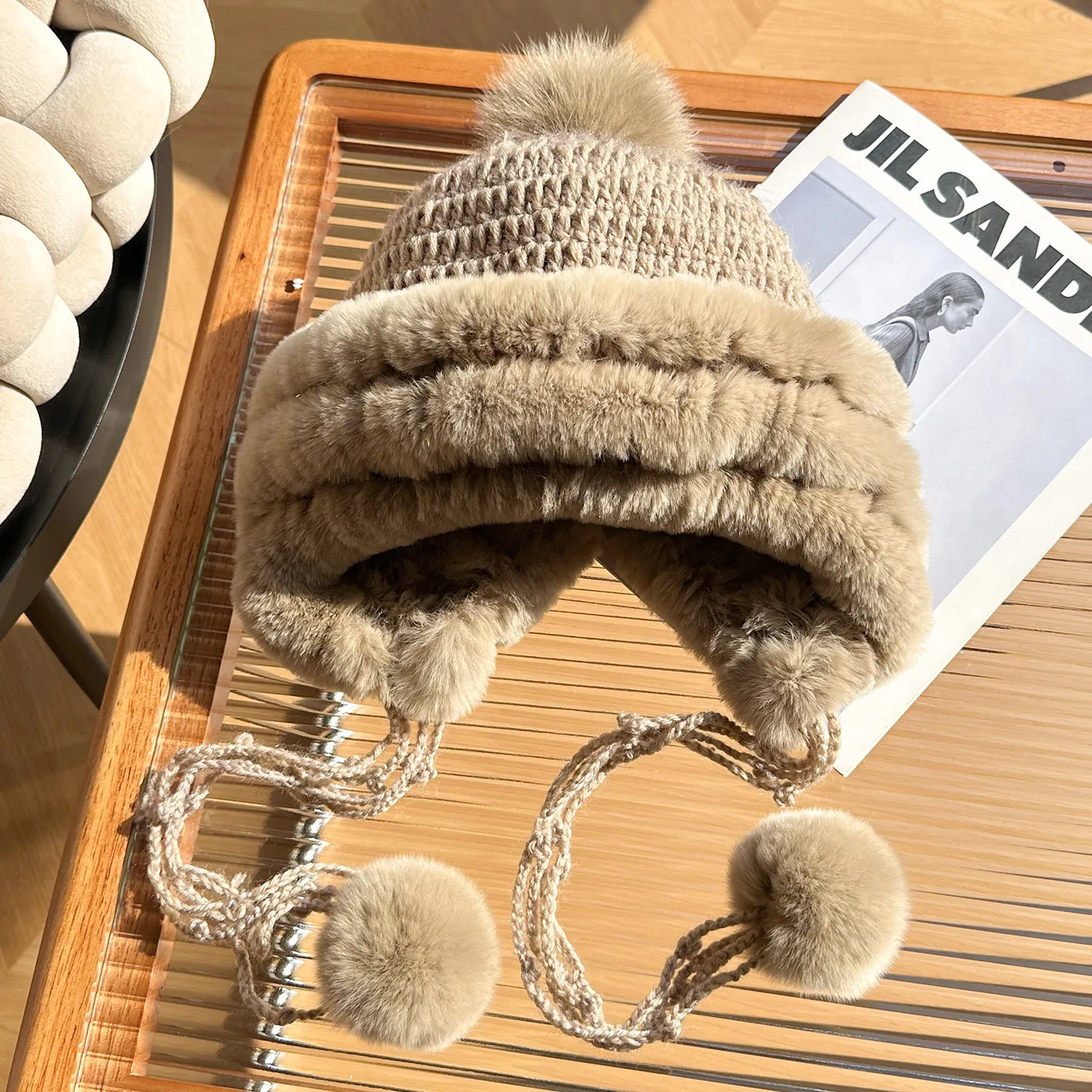 Herbst-Winter Echte Rex-Kaninchenfell-Mütze Dicke Warme Ohrenschutz-Kopfbedeckung Damen Lei Feng Mütze – Detail 3