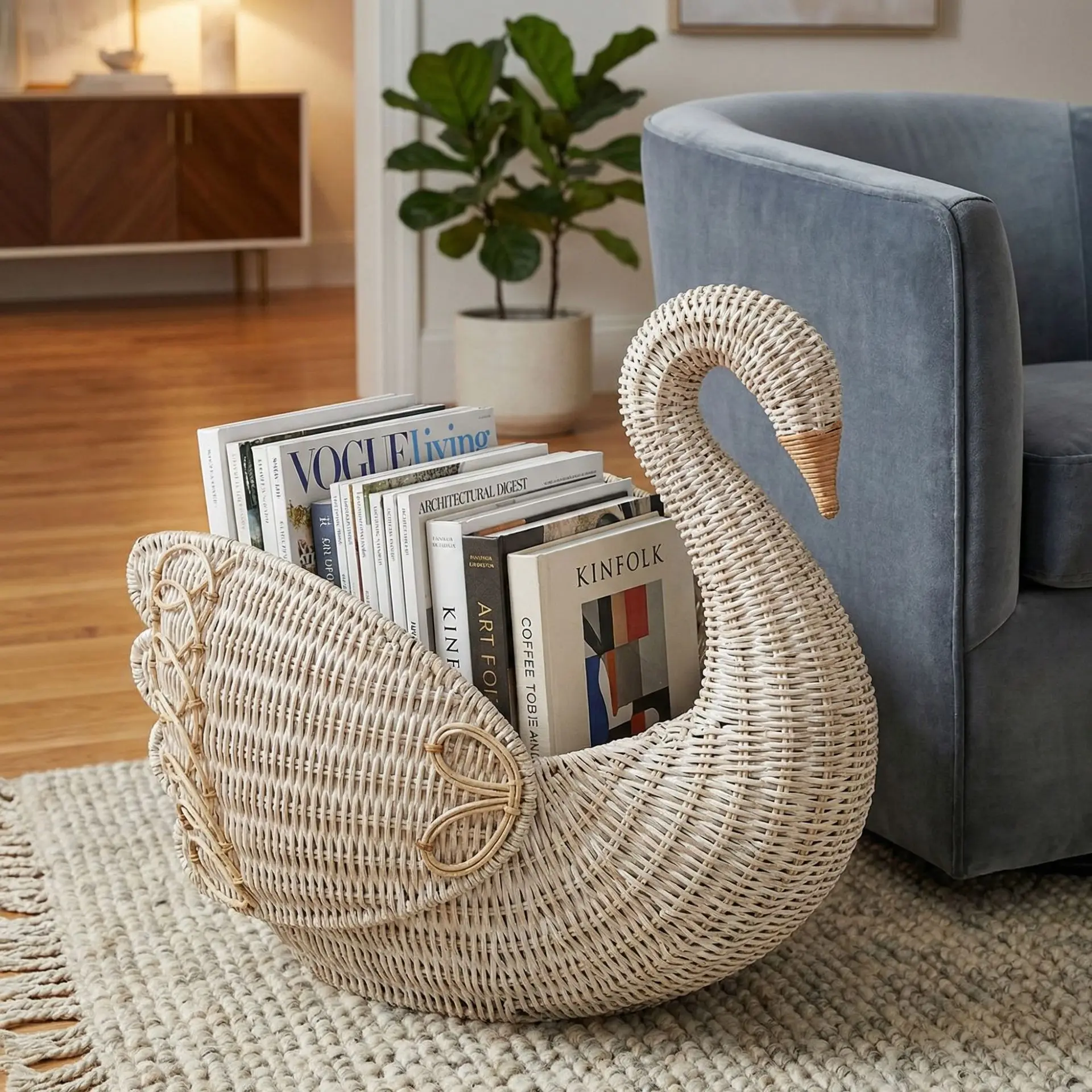 European rattan swan storage basket, books and sundries, hand-woven storage basket, living room desktop ornament decoration