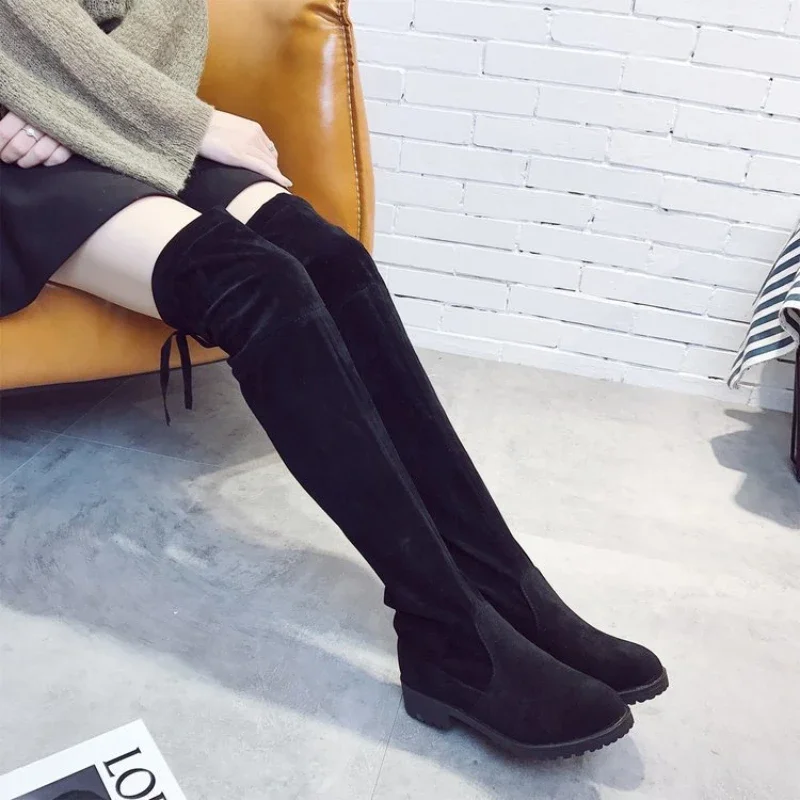 Trend Elastic Knee-high Boots for Women Lace-up Thigh Gigh Women Boots Black Faux Suede Female Heels Shoes Women Botas Mujer