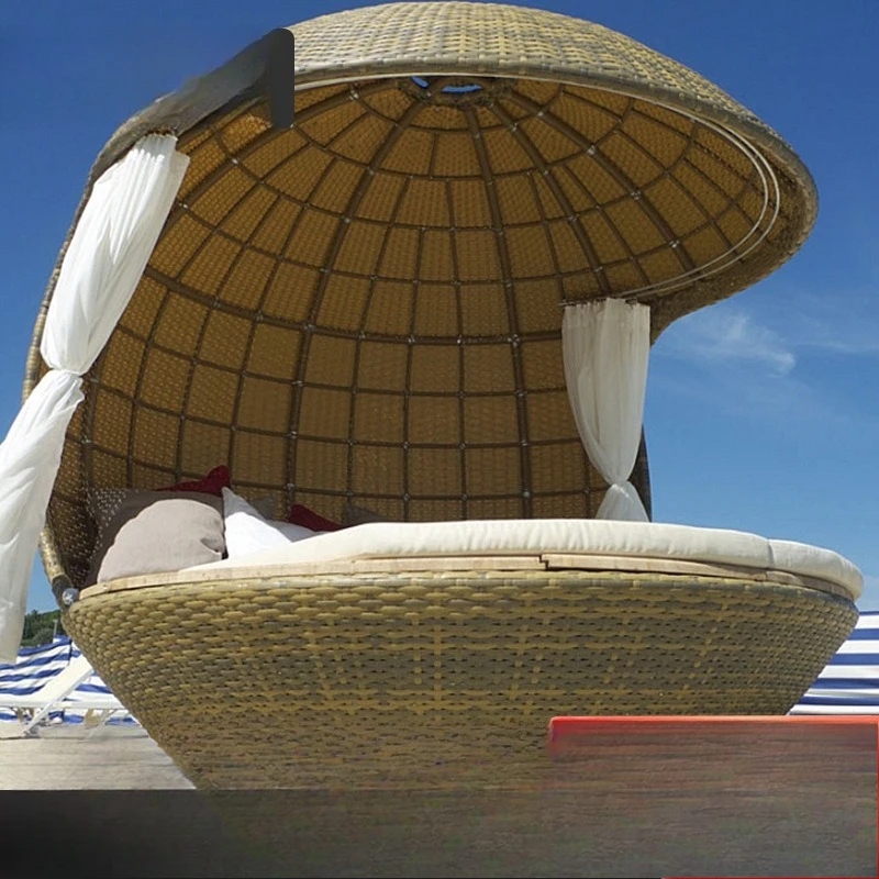 Outdoor rattan creative shell bed, hotel homestay hand-woven bird cage round sunshade outdoor leisure bed