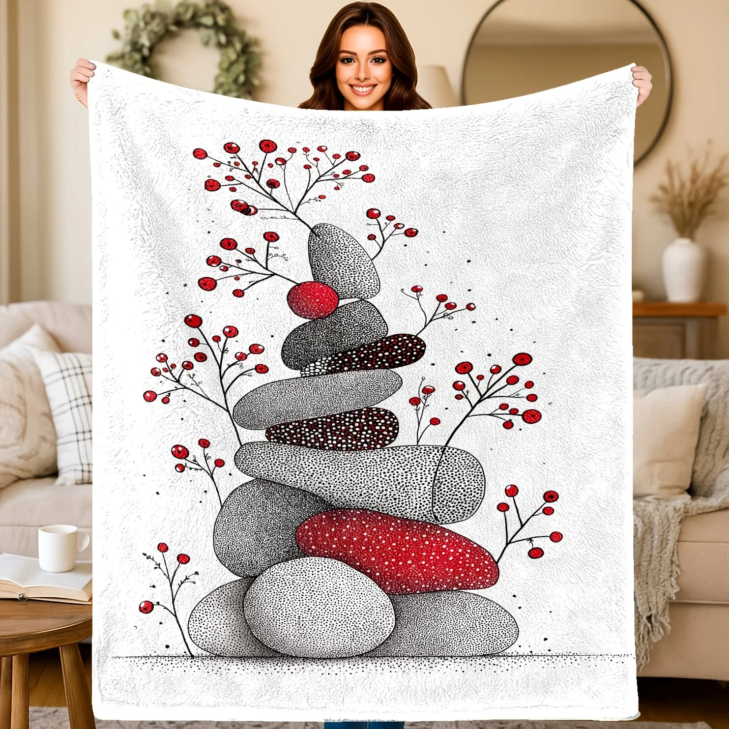 Stone Stack Throw Blanket Minimalist Zen Art Print Red Berry Design Soft Fleece Blanket For Bedroom Living Room Decor