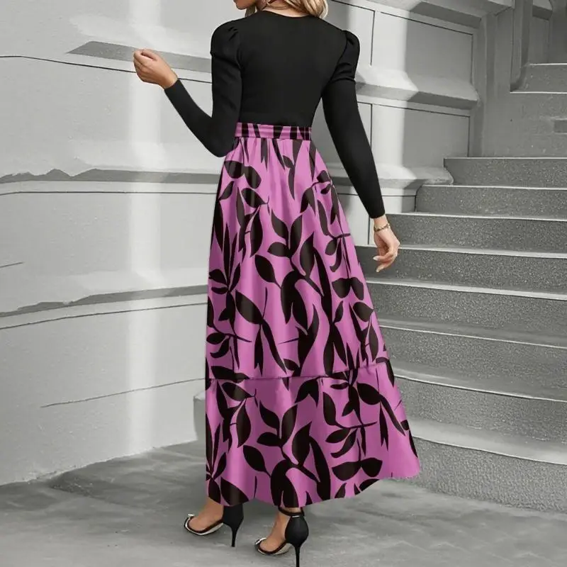 L38E Women's dress autumn and winter striped patchwork waist A-line maxi dress