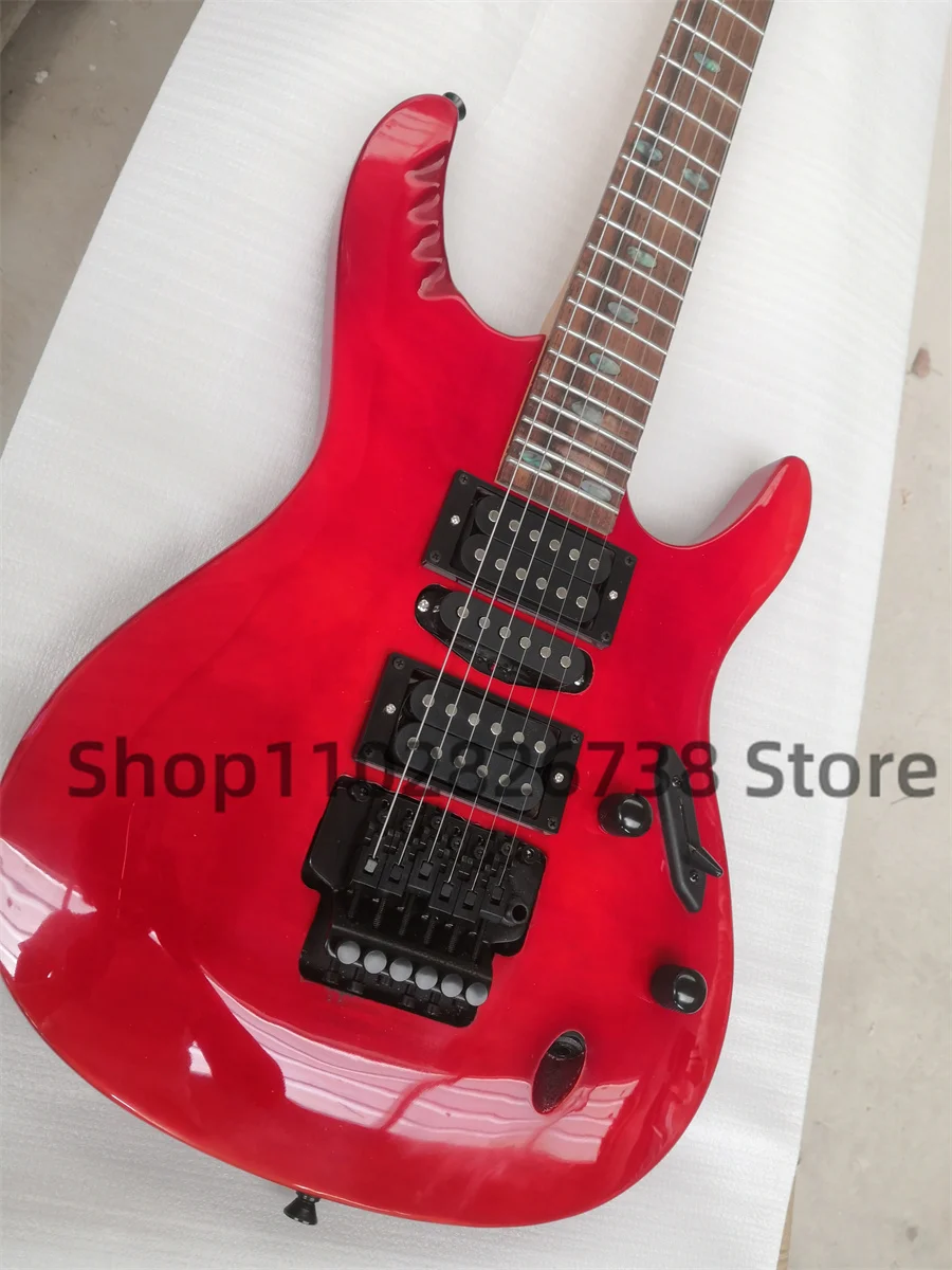 Ultra thin electric Guitar Red body Flamed Maple top Rose wood fingerboard Abalone shell Mosaic tremolo System HSH pickup Black