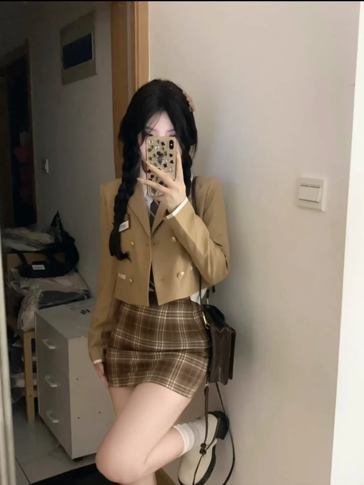 American College Style Small Suit Set Spring Autumn Short Girl Spicy Girl JK Uniform Waist Cinch Shirt Half Skirt Three Piece...