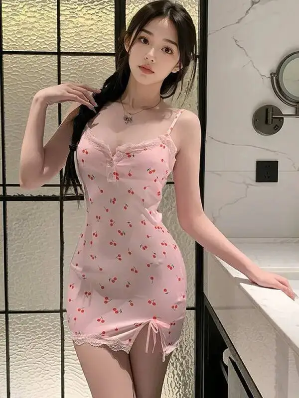 ชุดเดรสลูกไม้เซ็กซี่เว้าหลังพร้อม V ลึกและกลวงออกสำหรับผู้หญิงสายรัดดอกไม้ชุดมินิเชอร์รี่พิมพ์ที่มีเสน่ห์พร้อมแผ่นรองหน้าอก CHA2