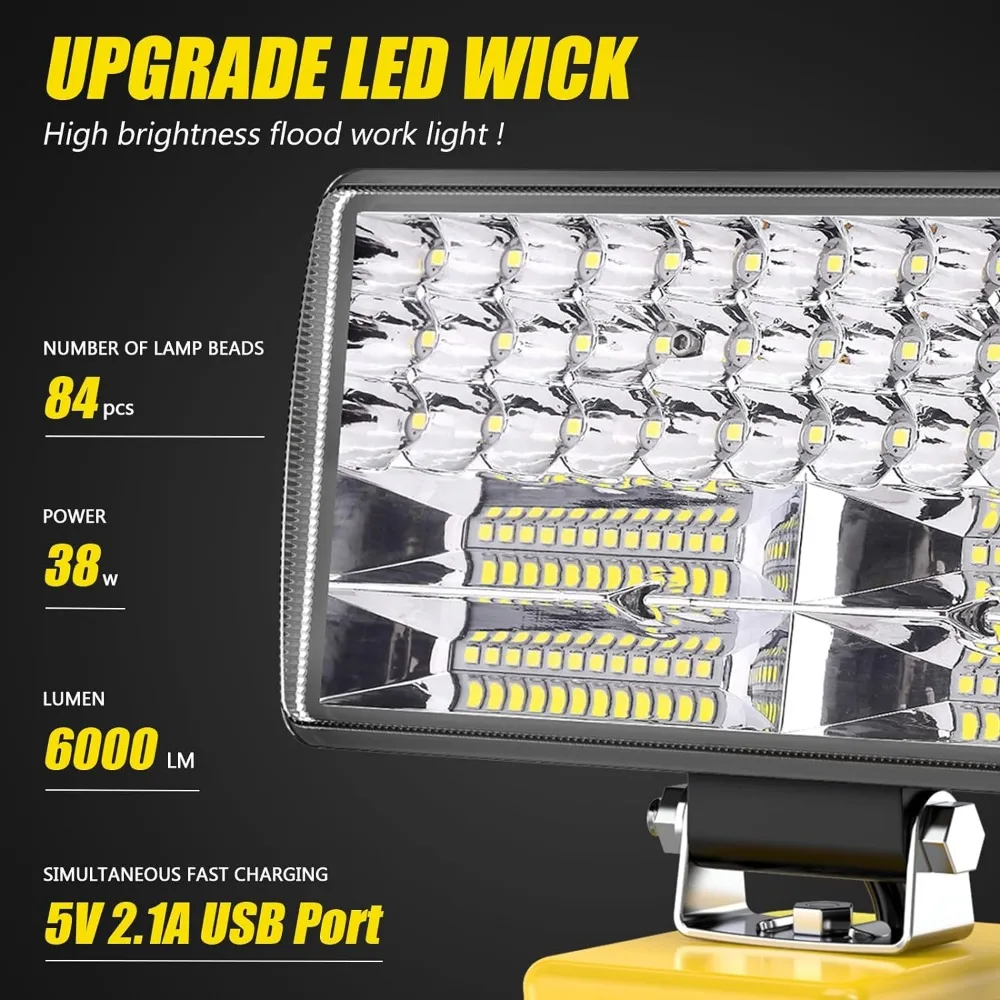 Luz LED de trabajo inalámbrica de 6000 LM y 38W, linterna portátil, luz de inundación, Compatible con Batería DeWalt de 20V, USB de 2.1A con 2 modos