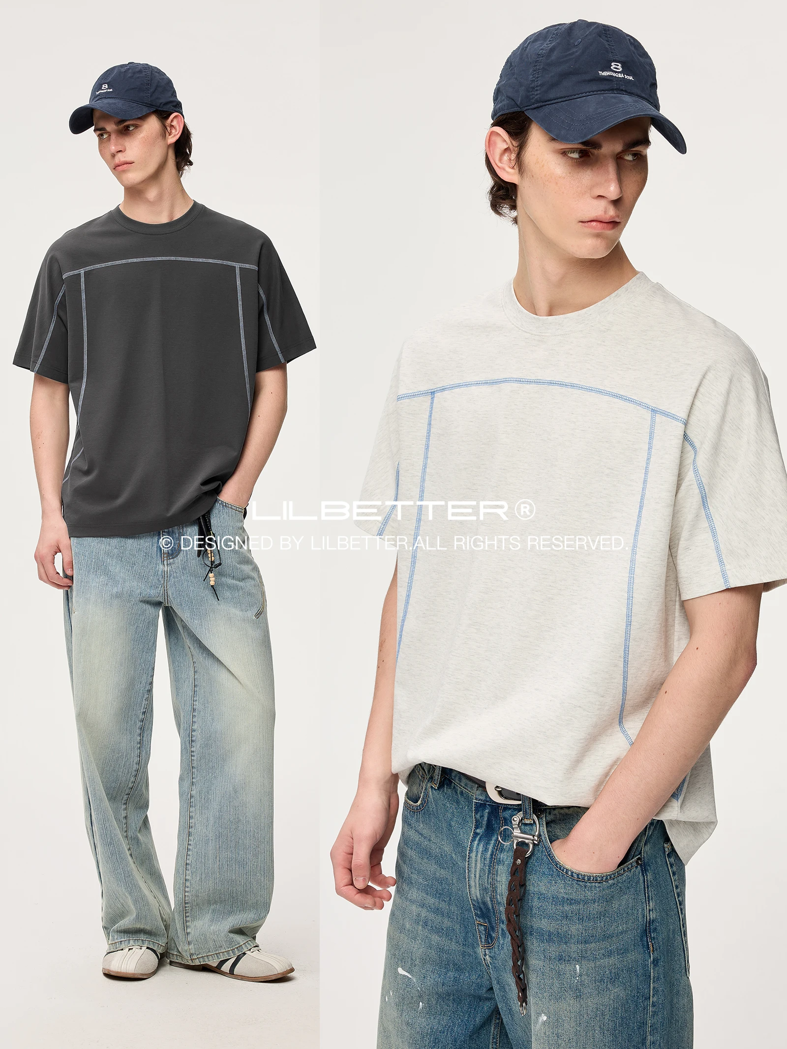 Lilbetter Men's Loose Fit round Neck Short Sleeve T-Shirt Fashion Urban Style Workwear Wind Summer Casual Cotton Blend