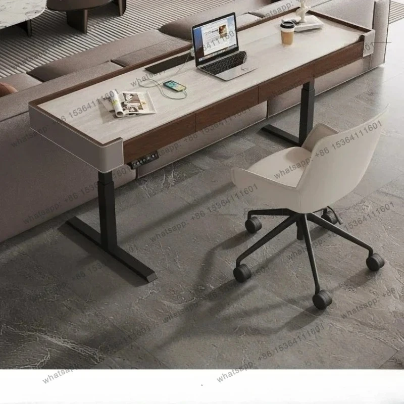 

Smart Electric Lifting Rock Slab Desk Walnut Computer Desk Solid Wood With Drawers Bar Table