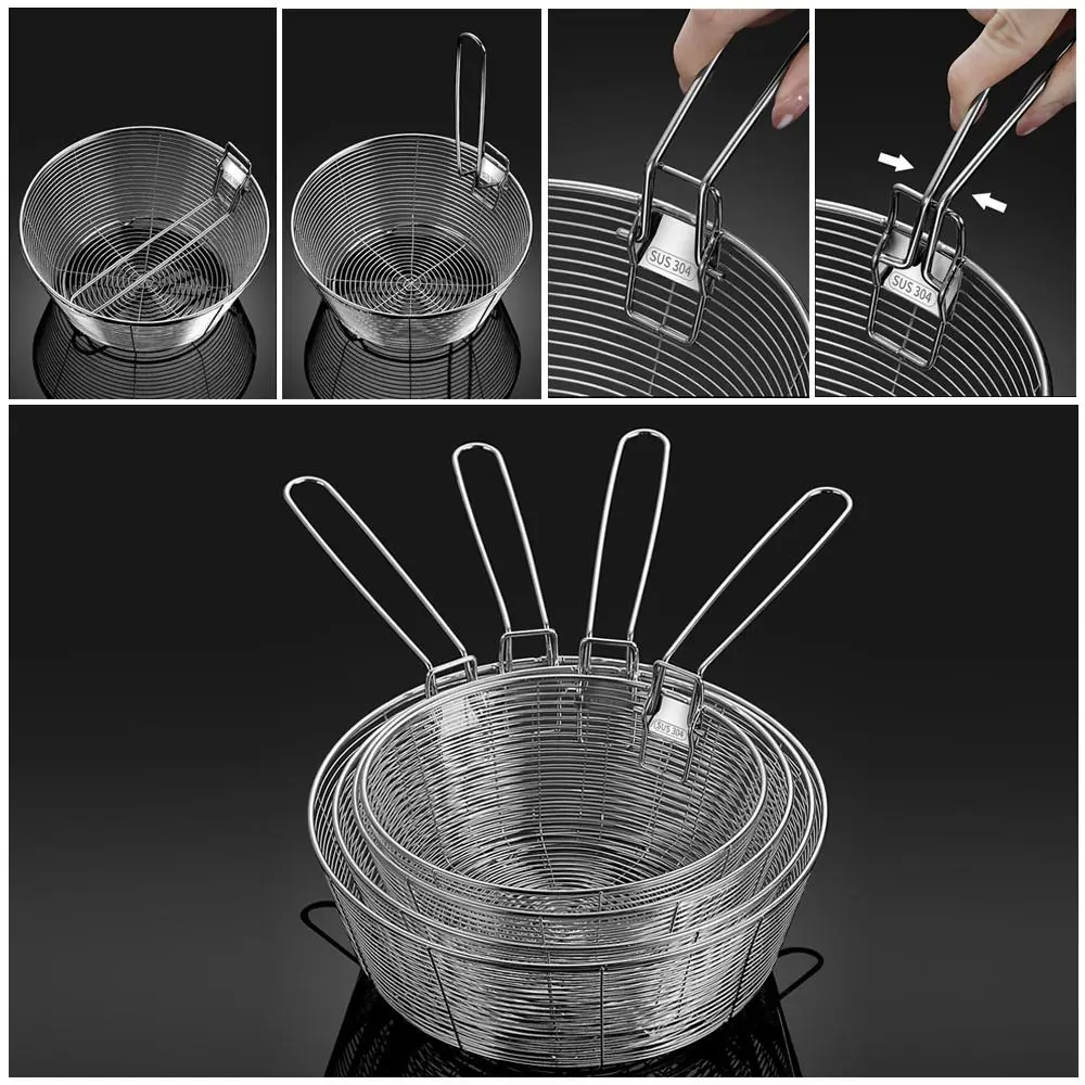 French Chip Frying Strainer Basket 304 Stainless Steel Filter Strainer Food Strainer Wire Colander Nets Round Fryer