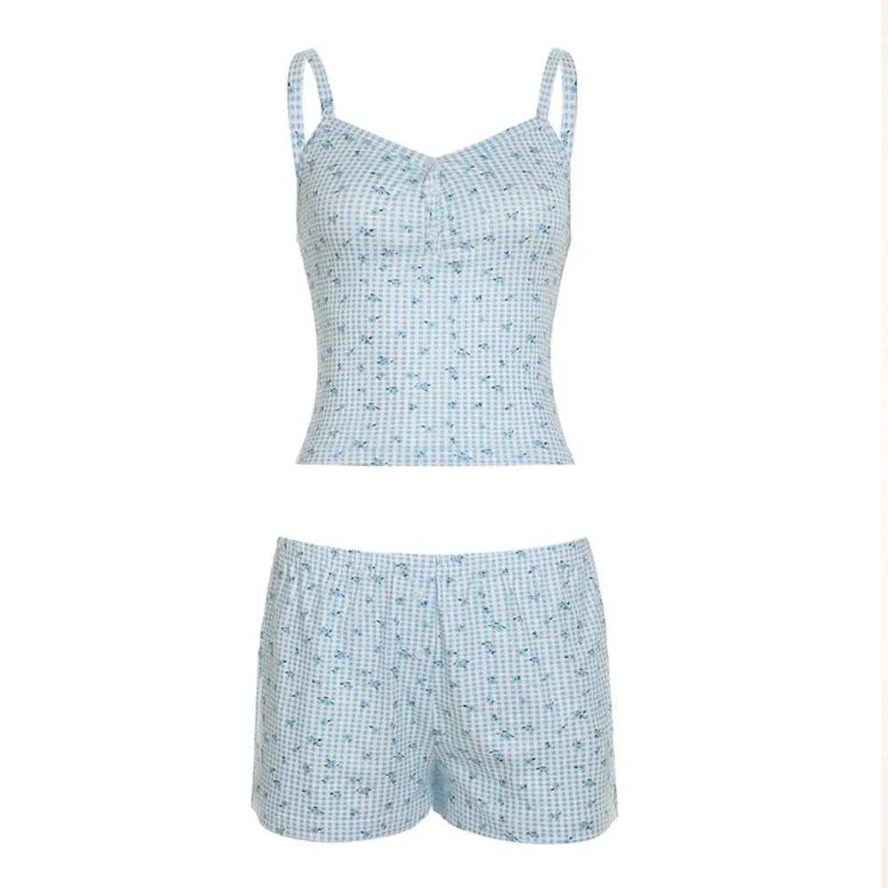 

Soft Sweet Short Sleeved Pajamas Set Plaid Camisole Two Pieces Nightwear Homewear Floral Summer Nightdress Women Summer
