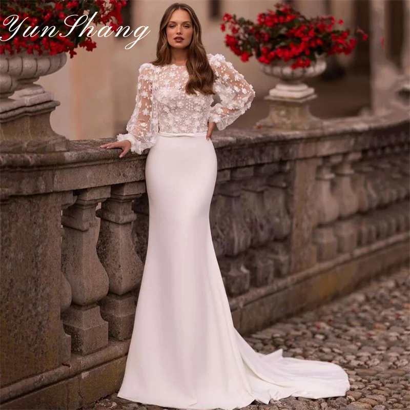 Yunshang Elegante Trouwjurken Vrouwen Zeemeermin Kant Illusie Rug Lange Mouw O-hals Bruidsjurken Sweep Trein Vestidos De Novia