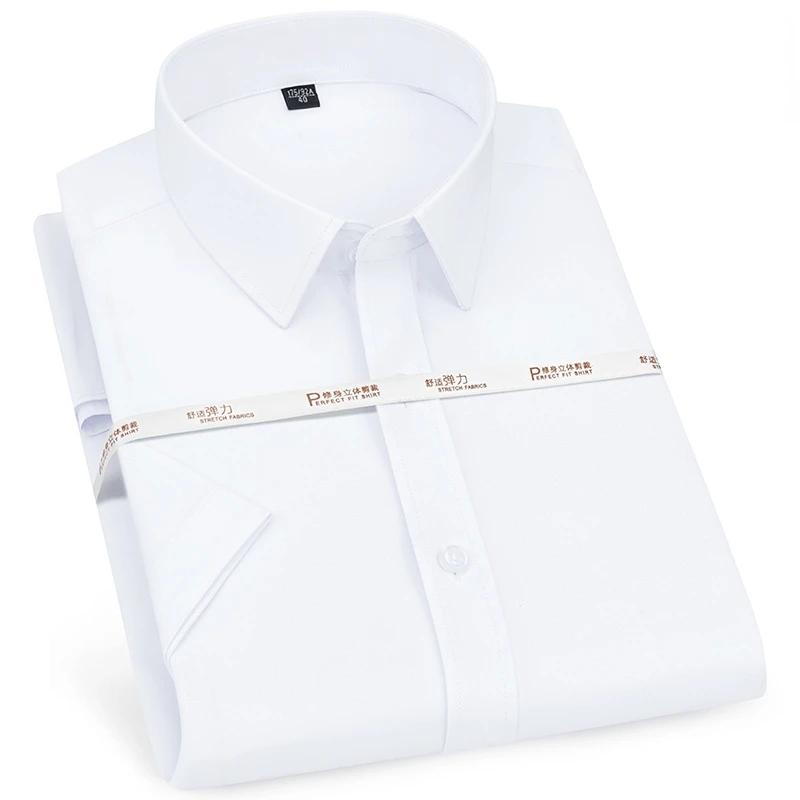 2023 short Sleeve Elastic Male Formal Solid Regular Fit Business Men Dress Shirts without Front Pocket Stretch
