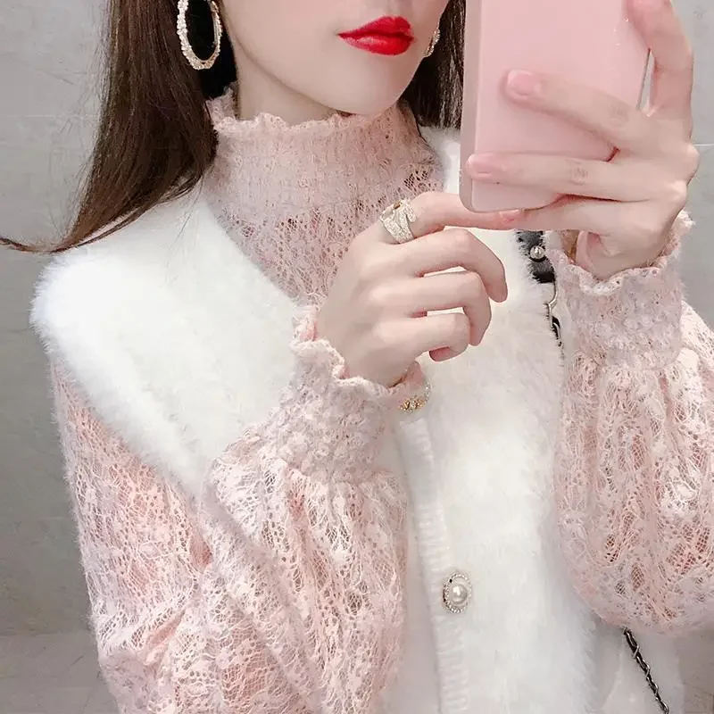 Women Blouse Women\'s Turtleneck Lace Lantern Sleeve Autumn Winter Sweater Mesh Top Blusas Ropa De Mujer