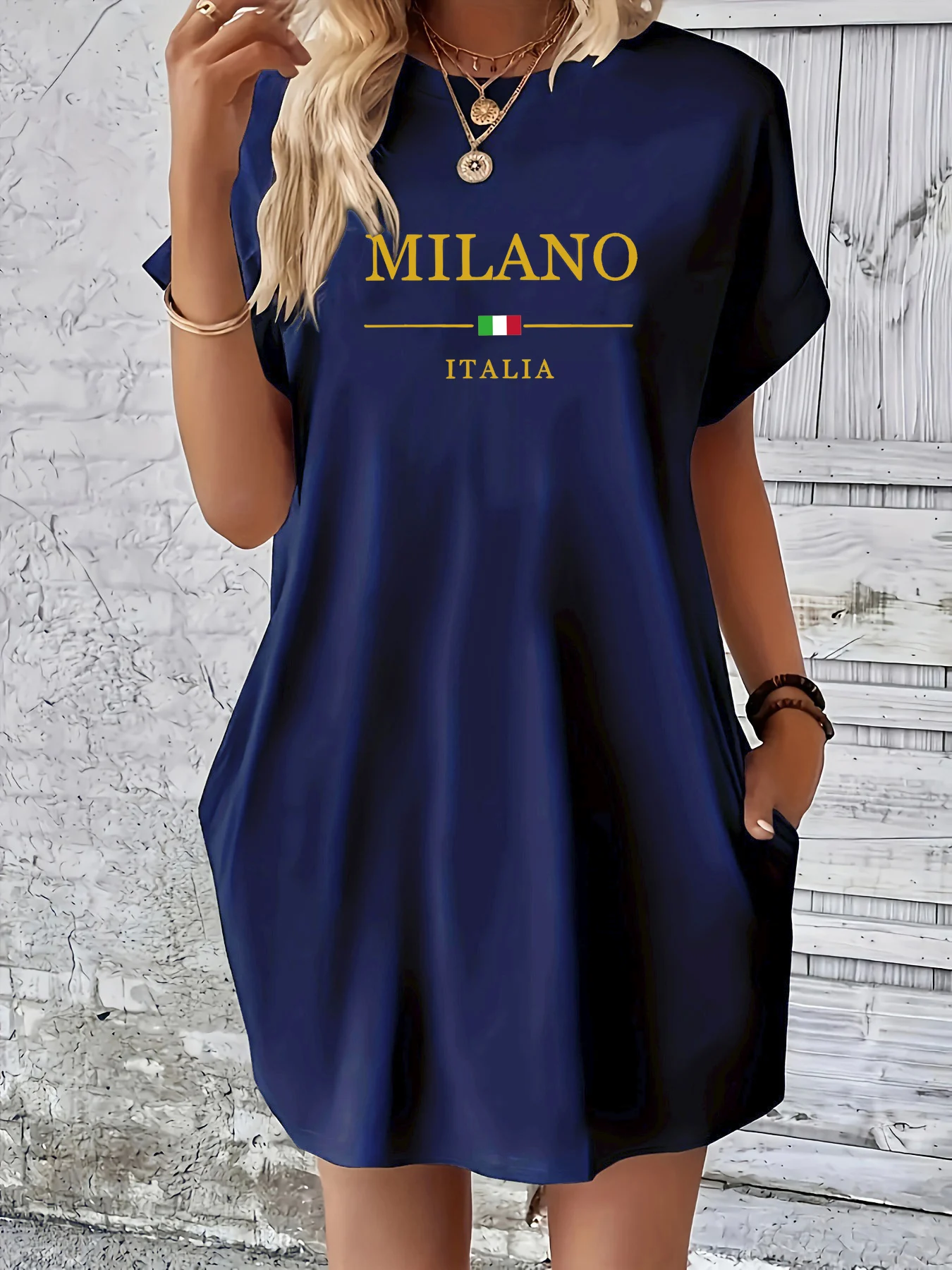Ladies' Summer Loose MILANO ITALIA Letter Pattern Printed Round Neck Short Sleeved Pocket Comfortable Casual Plus Size Dress