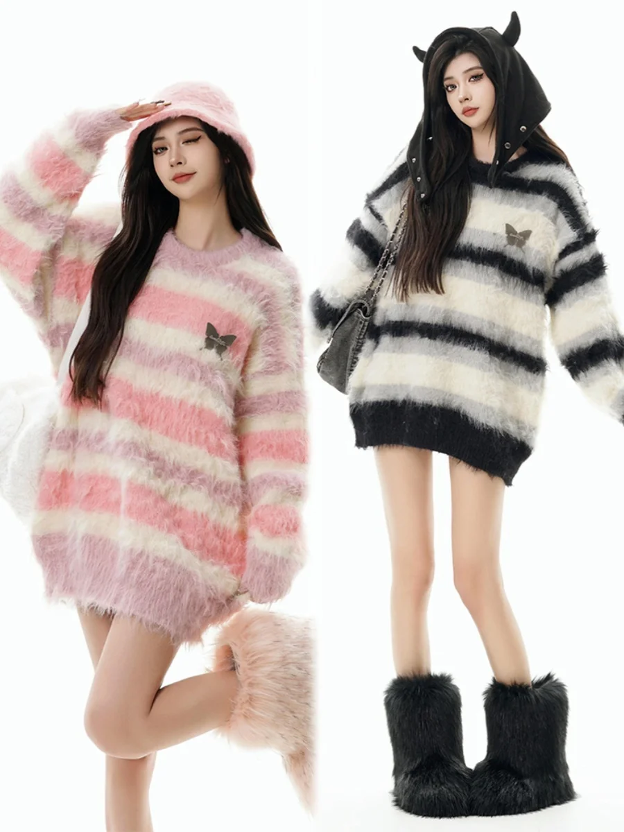 

Retro Sexy Korean Fashion Faux Fur Slim Knitted Sweater Women Long Sleeve Vintage Thin Jumpers Female Outwear Y2k Top Chic