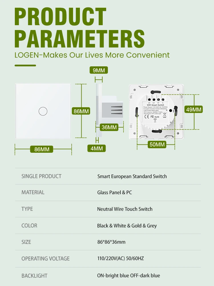 Tuya WiFi Smart Switch Voice Control Need Neutral Wire Light Touch Switch Timer Schedule 1Way Alexa Google Home EU Standard