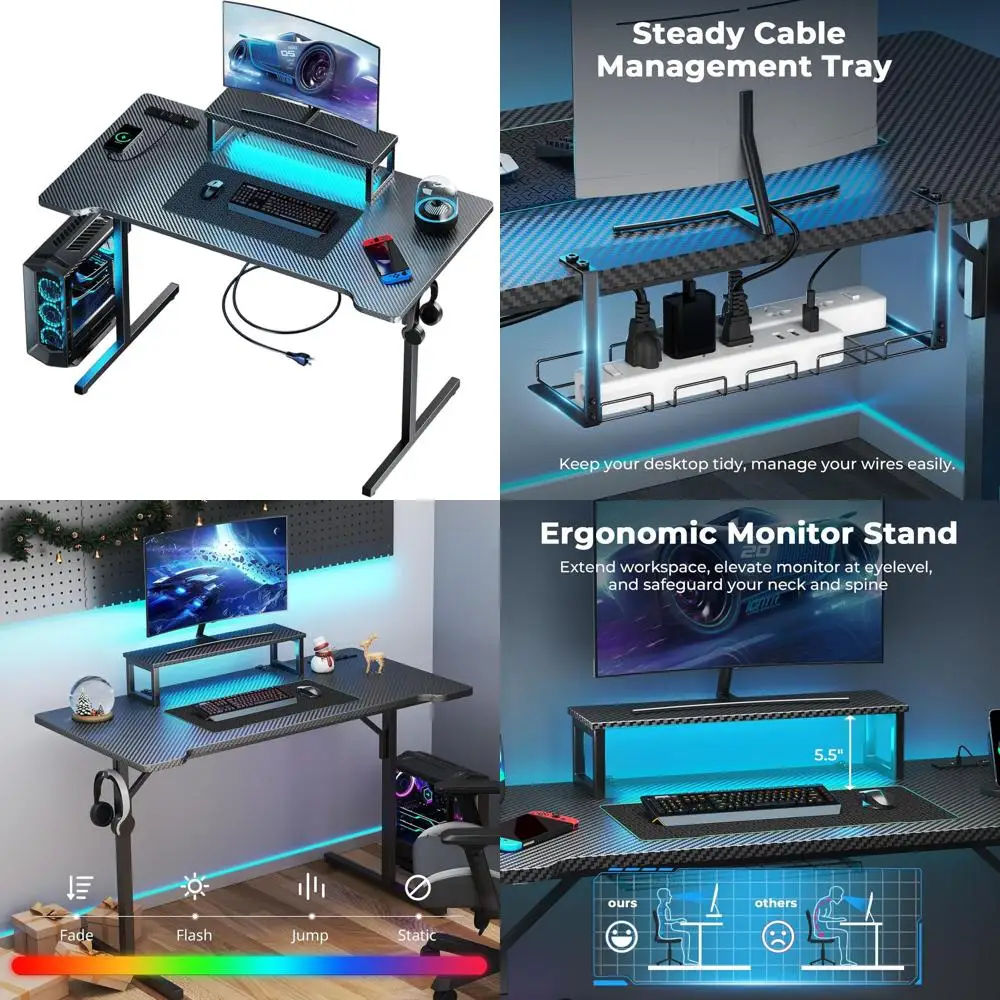 LED-Illuminated 55 Carbon Fiber Gaming Desk with Monitor Stand and Power Outlets