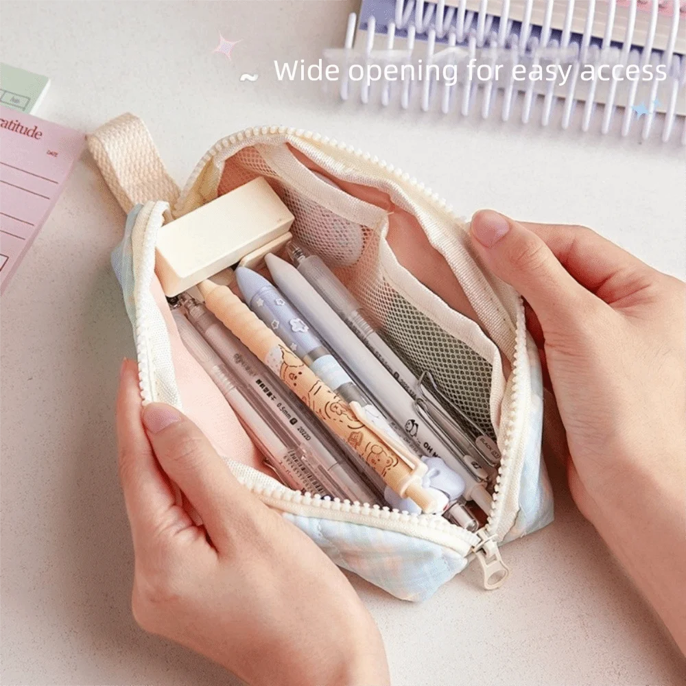 Simple Lattice Pencil Case Multifunctional Large Capacity Pencil Bag Cute Zipper Stationery Bag Handheld