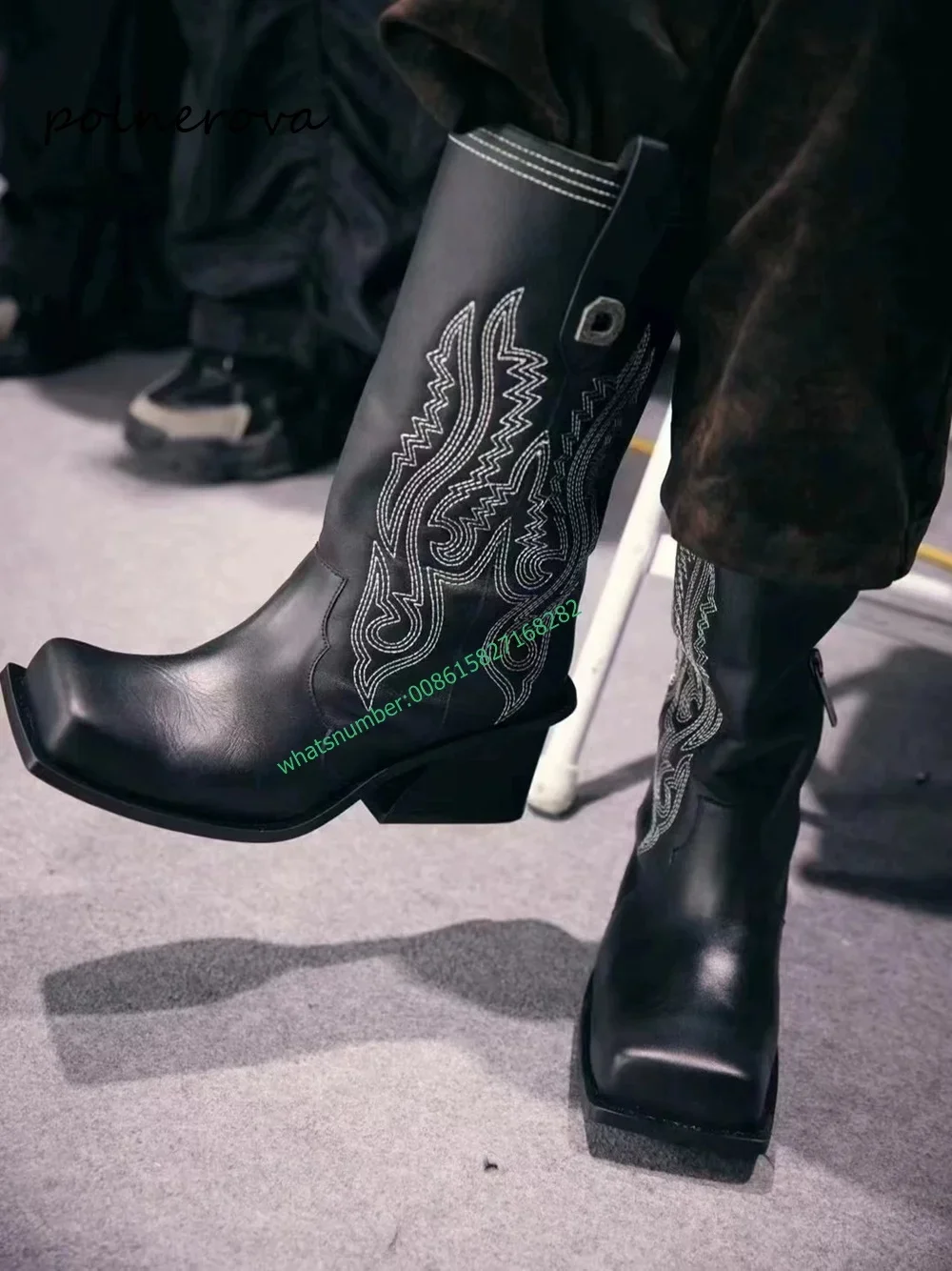 

Модные ковбойские сапоги в стиле ретро с принтом, сапоги до середины икры на массивном каблуке, повседневная женская обувь, модель 2024 года, для весны и осени, для отдыха