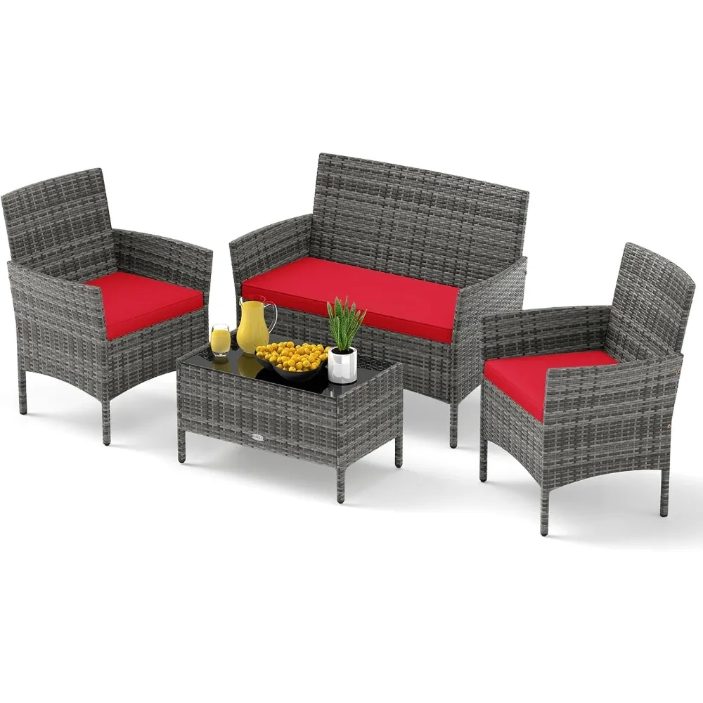 مجموعة حوار الروطان للفناء مكونة من 4 قطع، مجموعة أثاث من الصفصاف الخارجية مع كراسي مبطنة