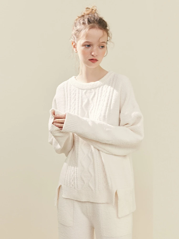 

Winter Crochet Pajamas Korean Style Sweet Cute Elegant Chenille Long Sleeve Pants 2 Piece Set Outwear Fashion Home Clothes Women