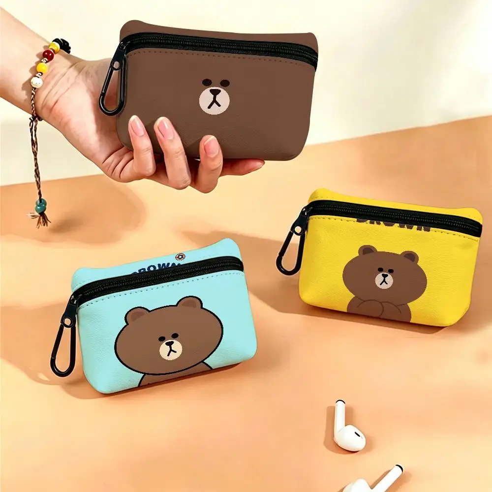 B-Brown-Bear Cozy-Soft Portable Oxford Fabric Mini Wallet Carabiner Design Small Coin Bag For Cards Keys Earphones