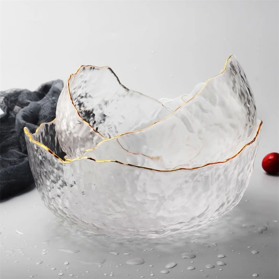 Transparent Salad Bowl with Gold Rim, Crystal Glass Bowl, Rice  Storage Container, Tableware Set, Snack and Dessert Bowls