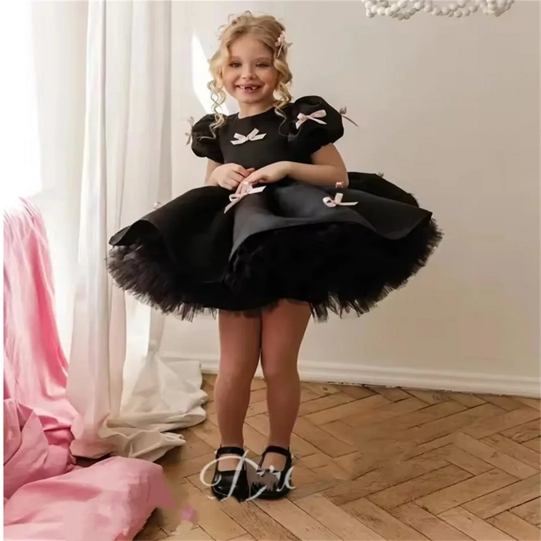 Luxurious Black Baby Girls Dresses SatinTiered Infant Girls Birthday Party Gown Christmas New Year Dress Gift 1-11Years