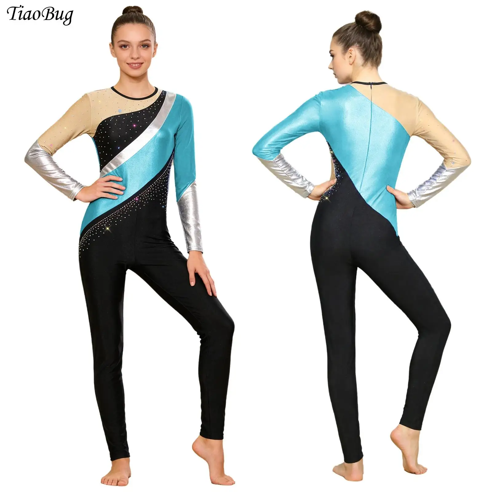 

Women Sparkle Rhinestones Gymnastics Unitard Color Block Ballet Dance Bodysuit Metallic Shiny Long Sleeve Ice Skating Jumpsuit