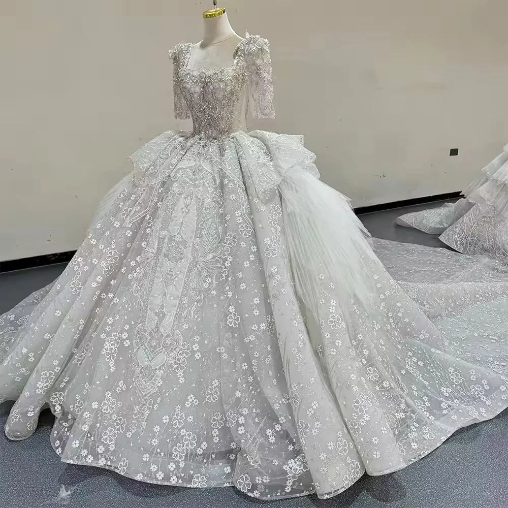 Vestido De Novias media manga cuello cuadrado rebordear Vestido De novia De cristal Vestido De baile Vestido De novia largo De encaje