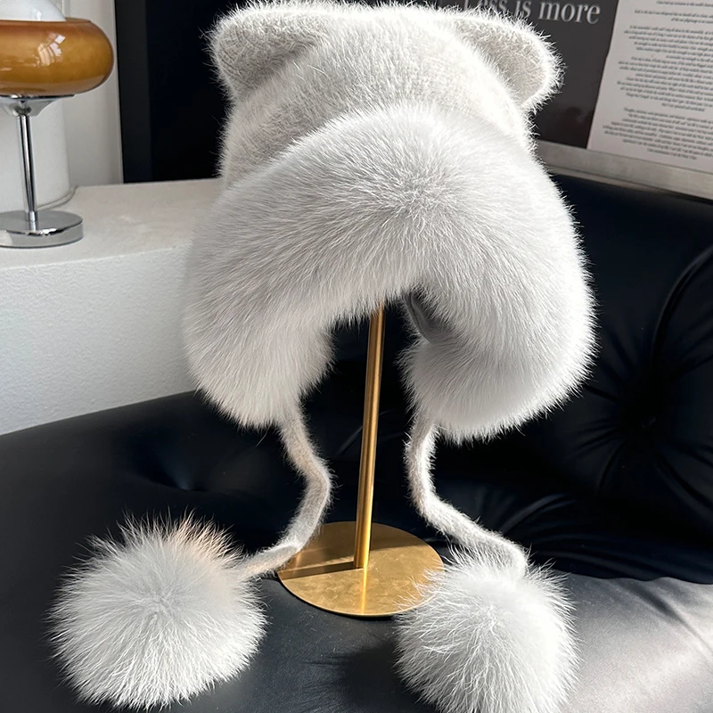 Elegant 2026 New Style Mink And Fox Fur Earflap Hat Comfortable And Warm Aviator Hat Warm Cozy Winter Hat With Pom-Pom Ear Flaps