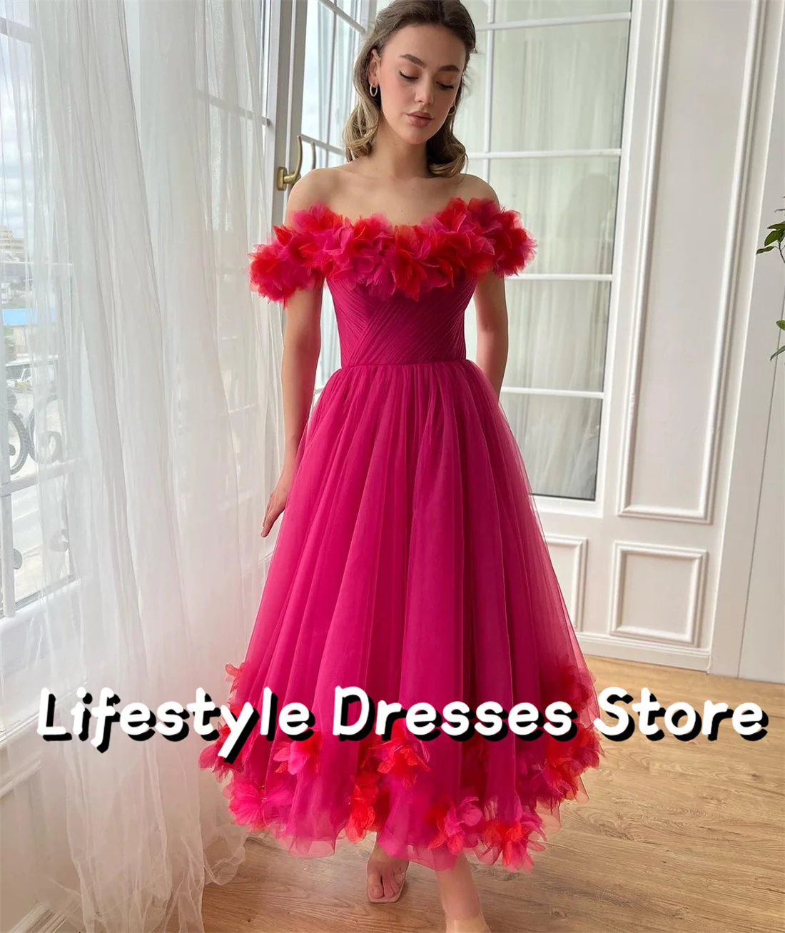 

Off shoulder Contrast Color Flower Prom Dresses A-Line Evening Dresses Graduation Party Gown vestidos para eventos especiales