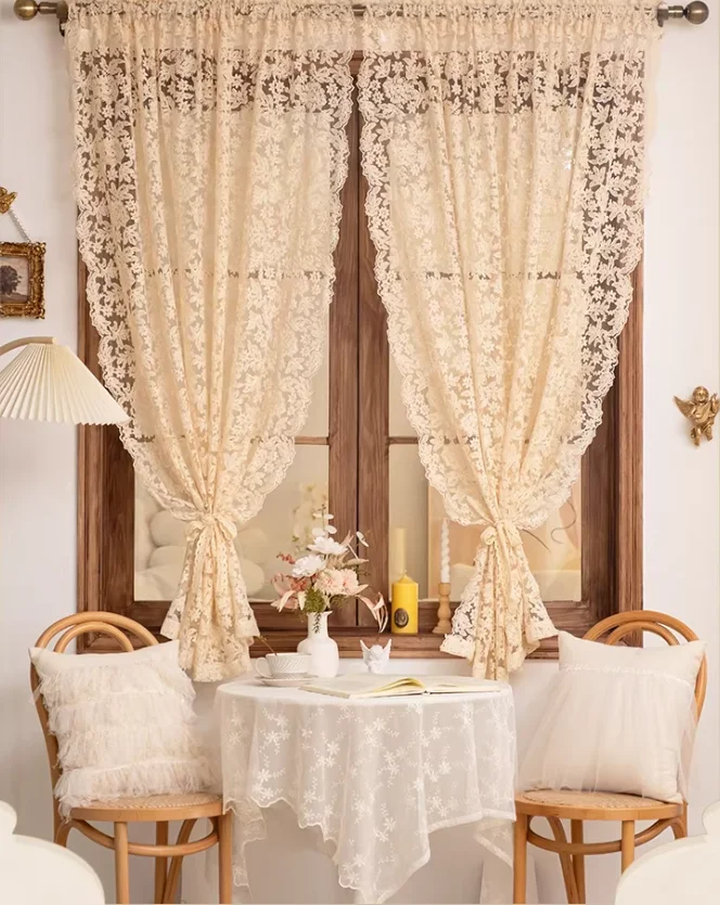 French High-end Vintage Beige Embroidered Gauze Curtains with Wavy Edge Palace Style European Style Lace Partition Curtain