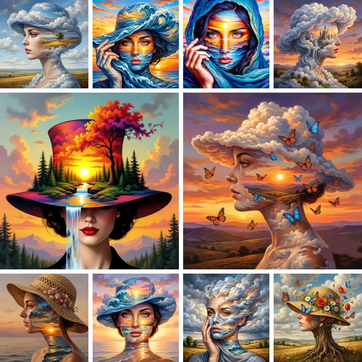 Diy 5d Diamond Painting Art Surreal Double-Exposure Woman Waves Clouds Landscape Cross Stitch Mosaic Living Room Entryway Art