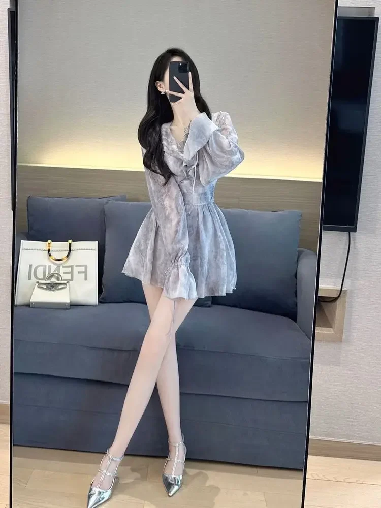 

2025 New Style Waist hugging Slimming Tie-dye V-neck Ruffled A-line Dress Spring and Summer Short Skirt XT537