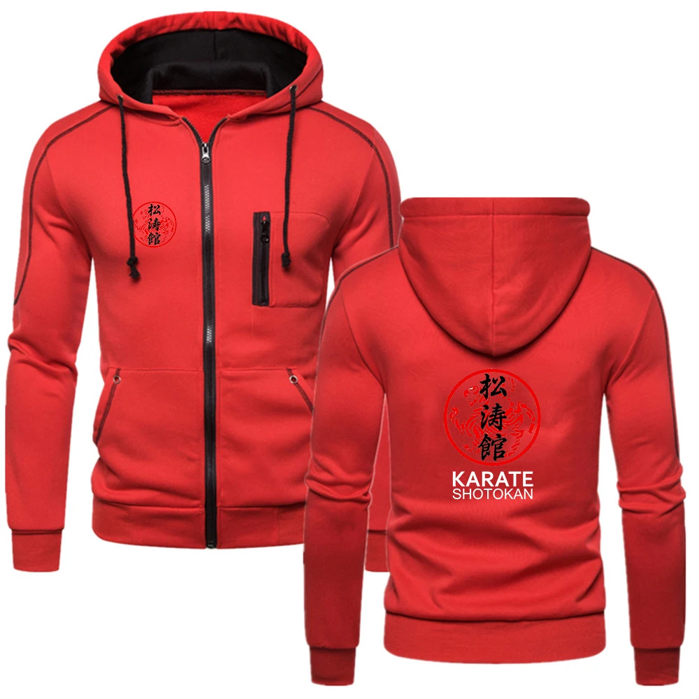 

2025 Spring And Autumn Men's Shotokan Karate Logo Print Solid Color Zipper Hoodies Drawstring Hooded Coat Versatile Jacket