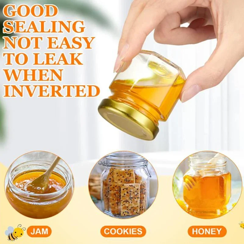 60PCS 1.5 oz Mini Glass Honey Jar Hexagonal Honey Jars Bee Charms Gold Gift Bags Rope Baby Shower Wedding Party Favors