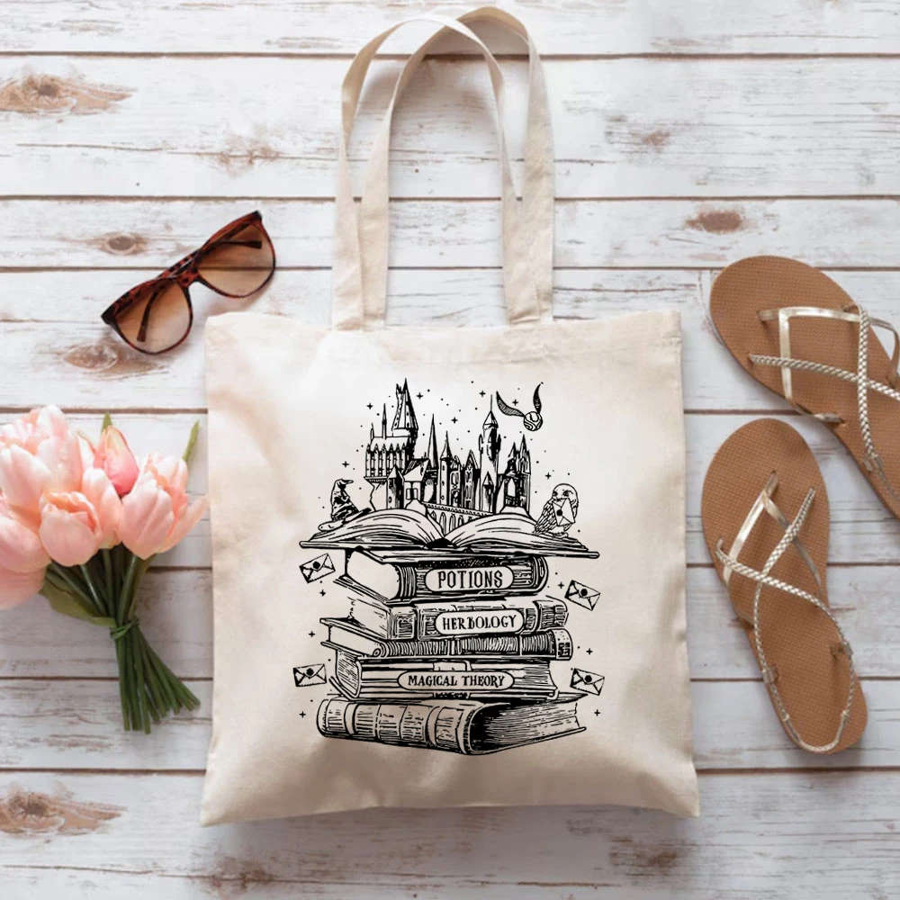 Magical Wizard Bookstore Castle Print Womens Handbags Movie Inspired  School  Canvas Tote Bags Nerd Book Lover Bags Magic Castle