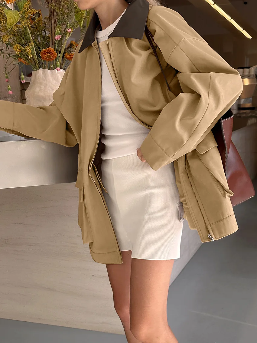 THRUM Contrast Lapel Trench Jacket Casual Loose Fit Zip Up Style With Drawstring Waist Functional Pockets Urban Chic Look