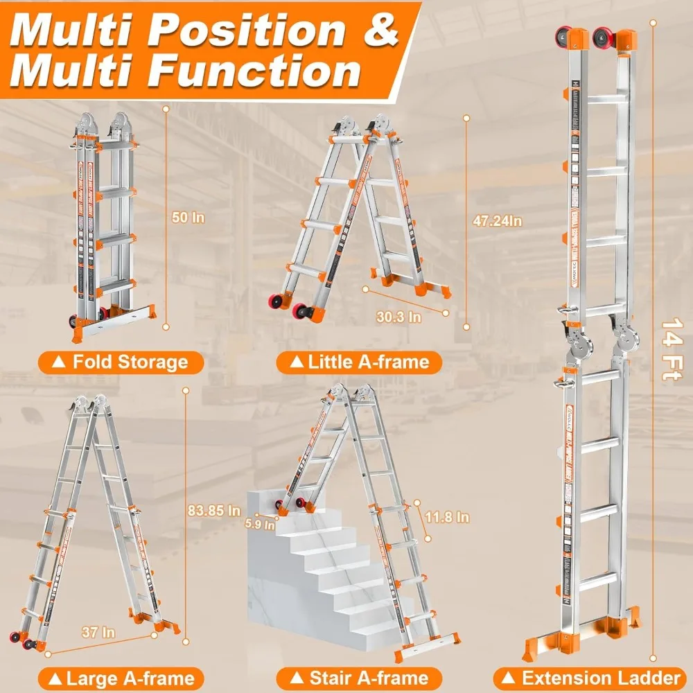 telescoping a-frame ladder with wheels & stabilizer bar - 14ft folding extension ladder, 330lb security load multi position ladd