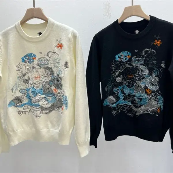 

Flowers Embroidery White Sweater for Women, Fashion Knitted Jumpers, Full Sleeves Oversize Pullovers, Sweatshirt , Crop Tops