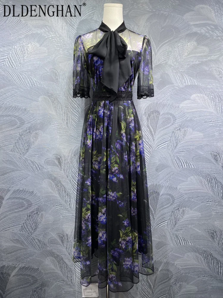 

DLDENGHAN Women's Lace-Up O-Neck Short Sleeve Floral Print Vintage Long Dress Summer Fashion Female