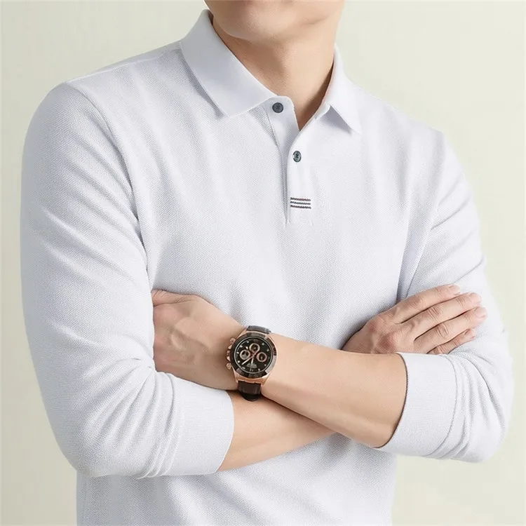 100% Mercerisierte Baumwolle Einfarbiges Business-Casual-Oberteil Herren Old Money Style Langarm-Poloshirt – Detail 33