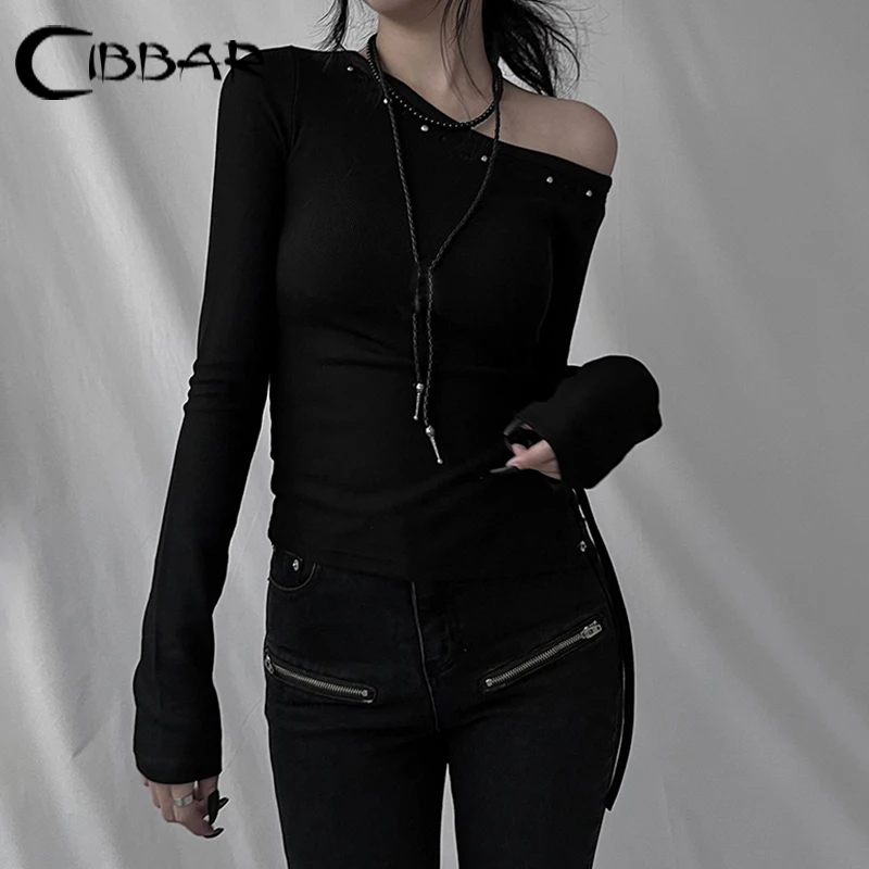 CIBBAR Punk Rivet Stitching T-shirt Asymmetrical Off-shoulder Black Skinny Cropped Top Women Elastic Casual Knitted Tee y2k Chic