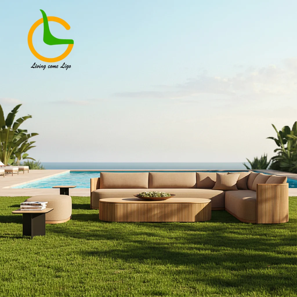

Luxury Modern Garden Sofa Set Hotel Teak Outdoor L-shaped Wood Couch Waterproof Patio Furniture Courtyard Use