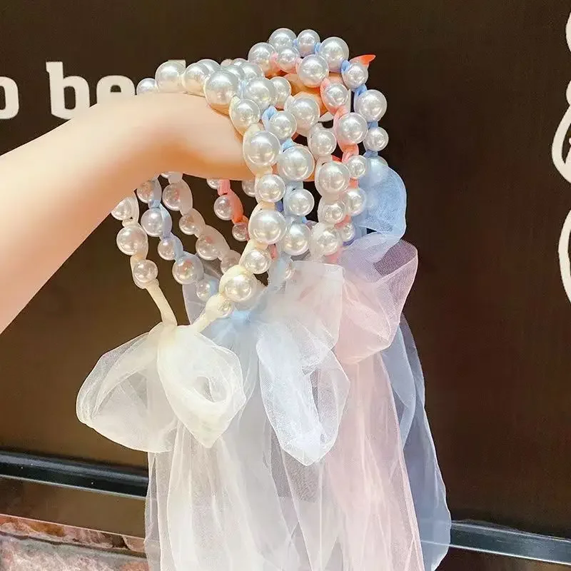 

Pearl Mesh Long Ribbon Bowknot Headbands for Women Girls Elegant Bridal Wedding Hairband Bride Hair Hoop Sweet Hair Accessories