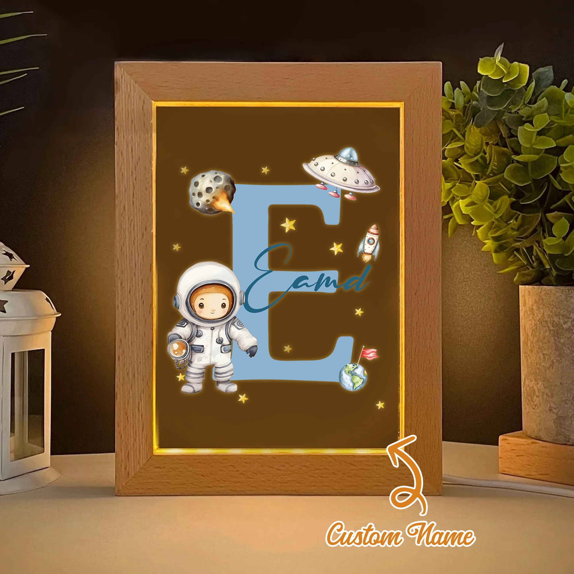 

2D Flat Custom Name Astronaut LED Acrylic Night Light Wood Photo Frame 21x17cm Cartoon Children's Bedroom Gifts Home Decor