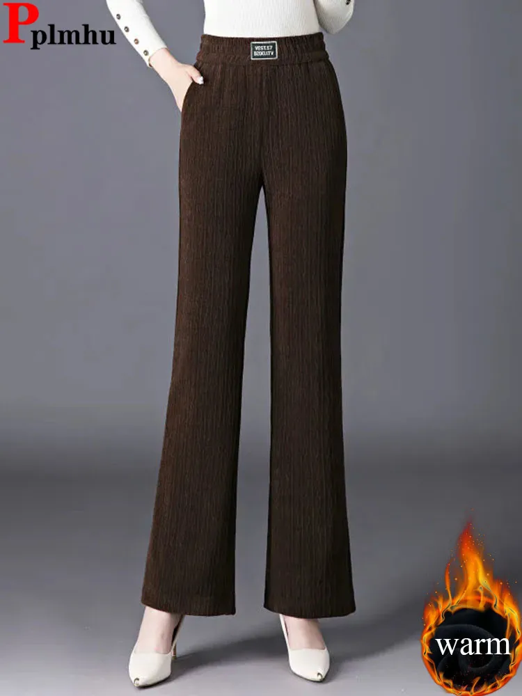 

Зимние теплые тонкие брюки-клеш, женские повседневные эластичные спортивные штаны с высокой талией на бархатной подкладке, корейские модные утепленные широкие брюки