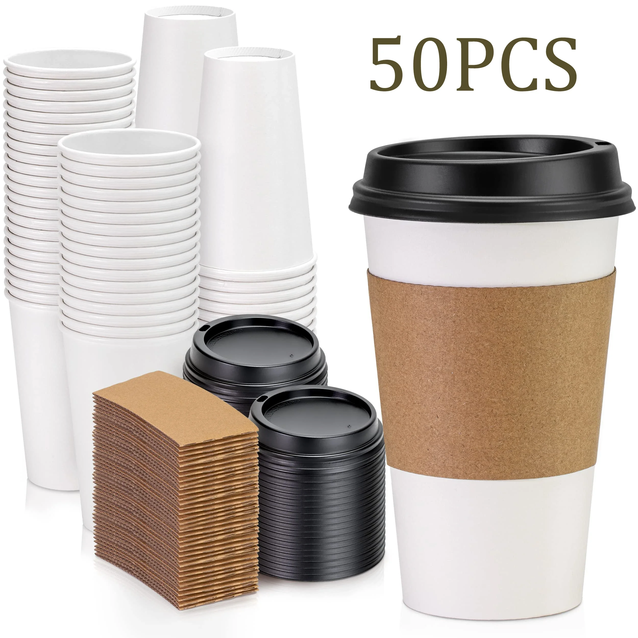 50pcs 8/16oz Disposable Coffee Cup with Lids Sleeves Durable Thickened Eco-Friendly Paper Cup for Cold/Hot Beverage Chocolate